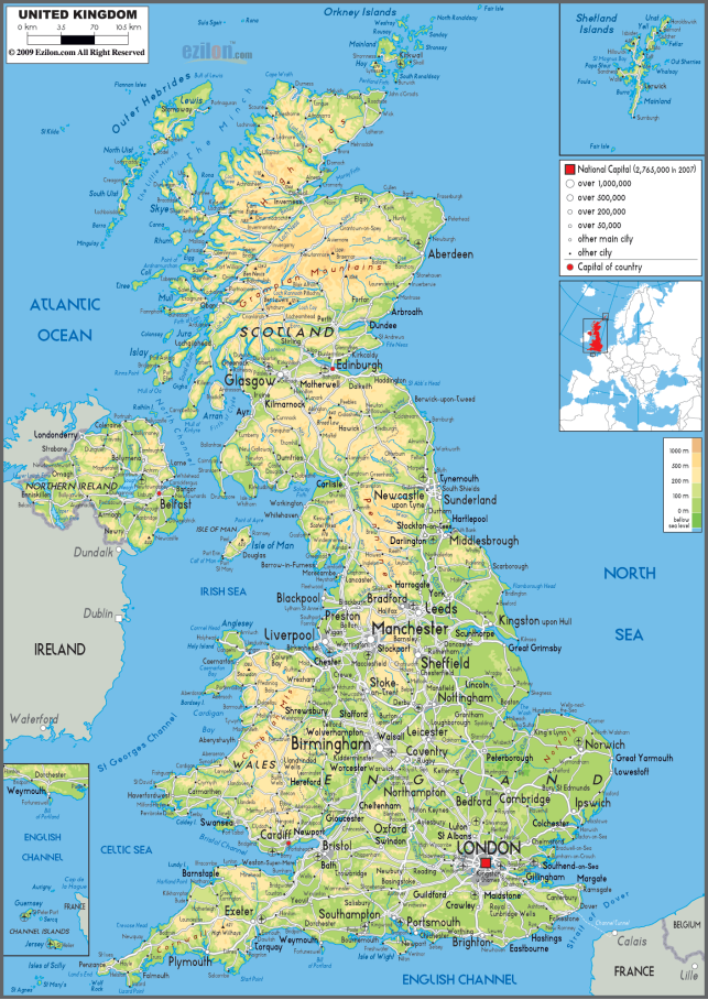 Физическая карта Великобритании на английском языке | 